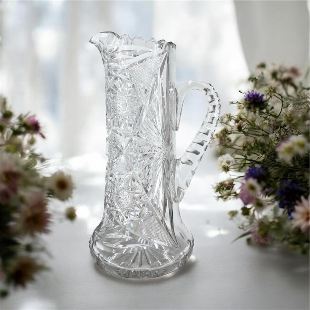 Antique ABP ABCG‎ Lead Crystal Water Pitcher Tankard Notched Handle Geometric